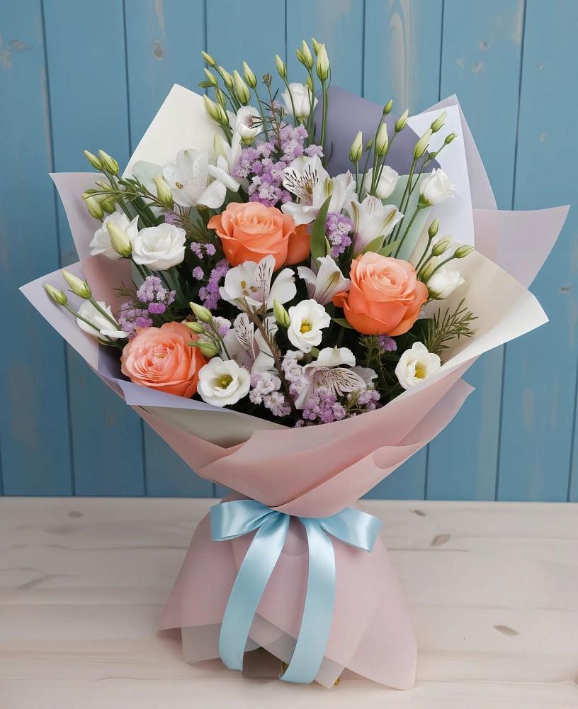 Букет цветов из: Лизиантусы, Розы, Альстромерии и Гипсофила в Шумерле